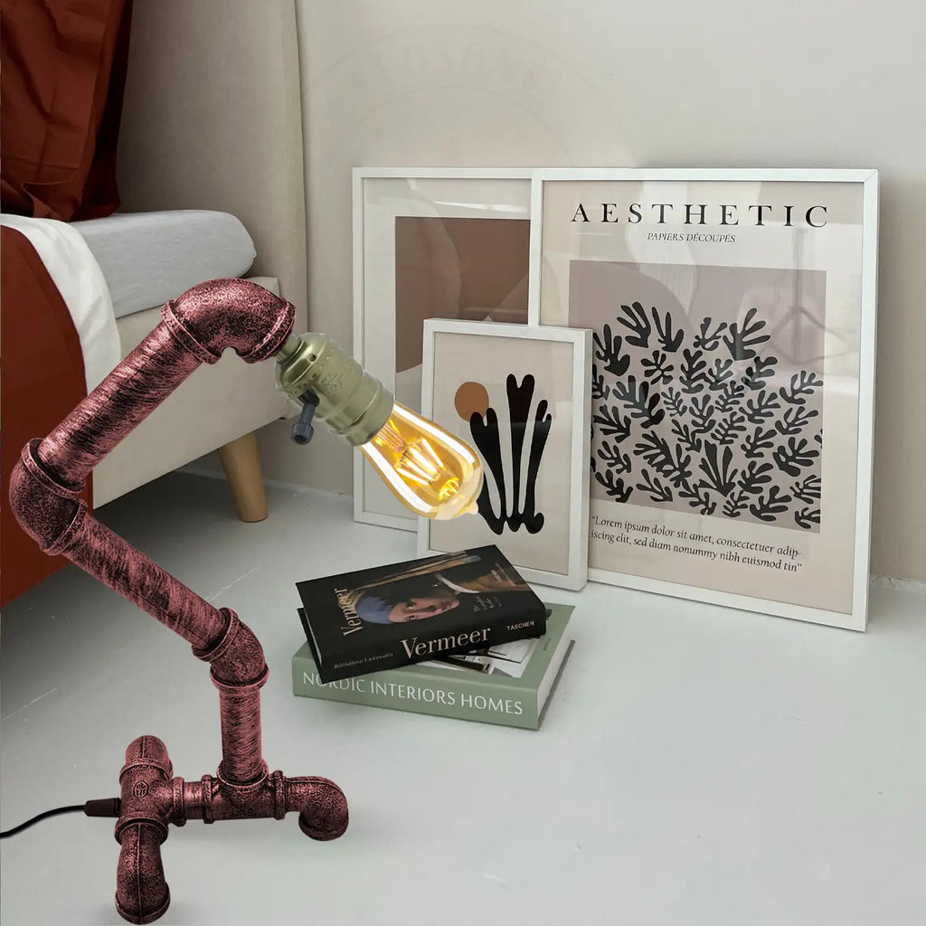 Retro Rustic Red Waterpipe Table Lamp E27 Loft Desk Light ~3378