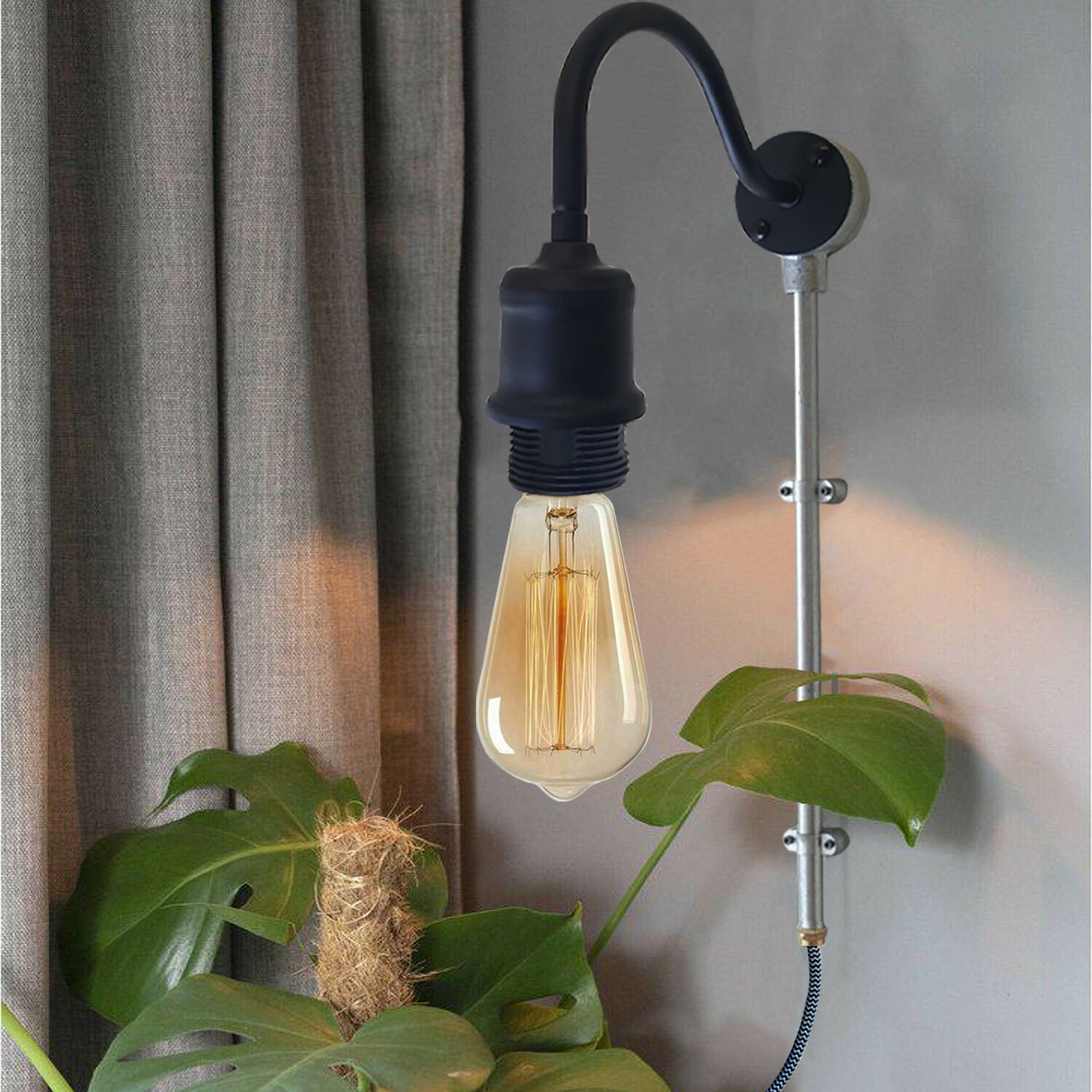 2m Plug with Dimmer Switch Fabric Flex Cable Plug In Pendant Pipe Light Set Black~1606